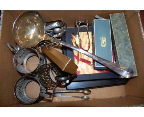 A small collection of assorted silver plated  wares to include filigree work cup holders, various loose flatwares to include 