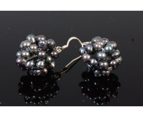 A pair of modern grey seed pearl and silver ear pendants