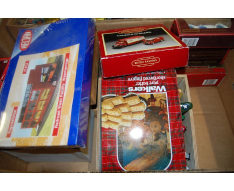 Two boxes of mixed toys to include Corgi modern issue diecast, various playworn diecast, tinplate Gama and plastic model of a