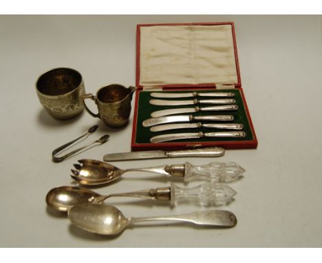 A cased set of six silver handled tea knives together with eastern white metal bowl, glass handled salad servers, 19th centur