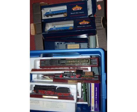 Two boxes of mixed 00 gauge display locomotives and boxed and loose 00 gauge railways to include a set of five Bachmann Buxto