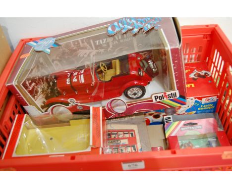 A box of mixed toys to include Matchbox Models of Yesteryear, Britains, Polistil, Corgi and others, examples to include a Pol