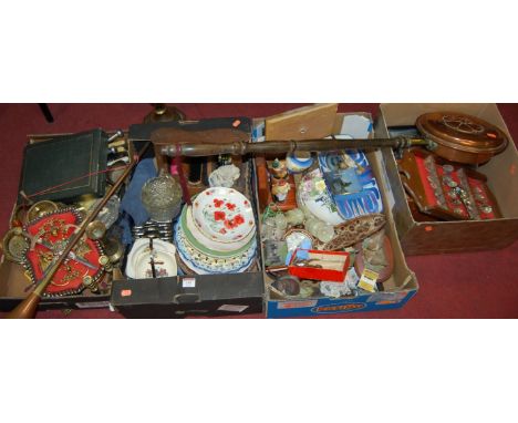 Four boxes of miscellaneous items, to include; copper warming pan, souvenir spoons, copper hunting horn, brass candlesticks e