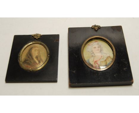 19th century English school - miniature portrait of a lady, oil on tin, in ebonised wooden frame (a/f); together with one oth