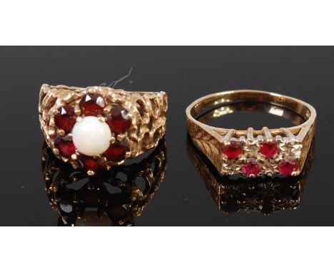 A 9ct gold, opal and garnet set flower head cluster ring, size N; together with a 9ct gold, ruby and white sapphire set dress