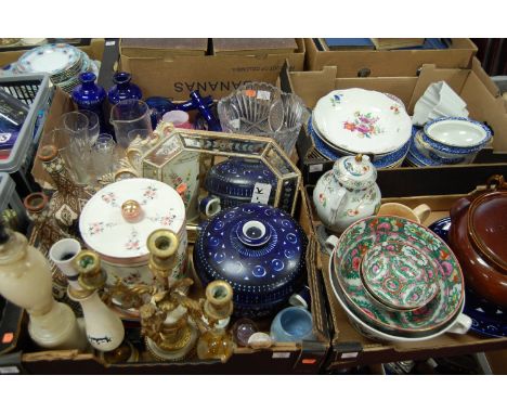 Four boxes of miscellaneous items to include; reproduction Chinese famille verte bowls, stoneware jar and cover, Worcester pa