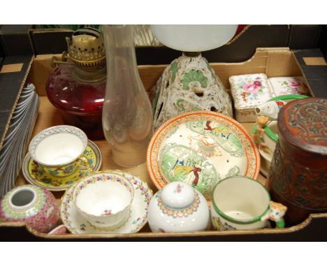 A box of miscellaneous items to include; early 19th century New Hall(?) tea bowl and saucer with gilt decoration, a Victorian