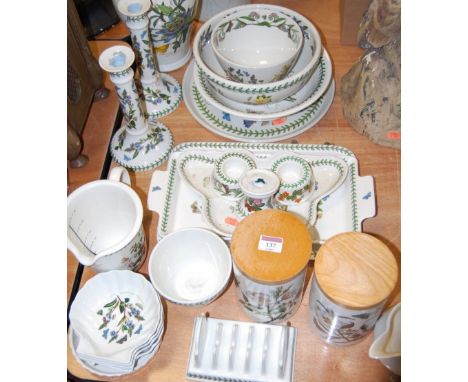 A collection of Portmeirion table wares in the Botanic Garden pattern to include table lamp, pair of candlesticks, toast rack