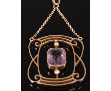 A 9ct  gold amethyst and seed pearl set openwork pendant on suspension chain, 2.2g