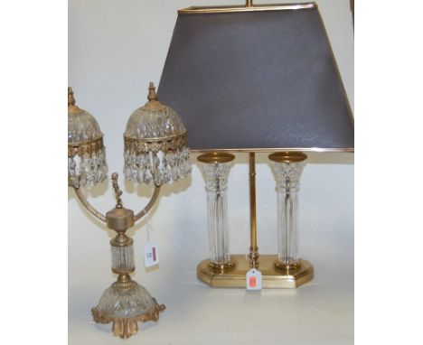 A modern French style glass and brass mounted twin sconce table lamp, with glass prism drops; together with one other table l