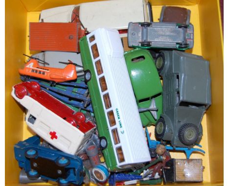 A box of mixed repainted and loose Dinky Toys, Britains, and other diecast examples to include Dinky Daimler ambulance