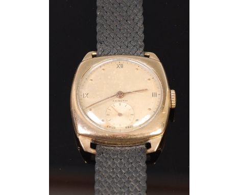 A Zenith gents 9ct gold cased wrist watch having a signed silver dial, subsidiary seconds dial, manual wind movement (not run