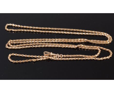 A 9ct gold belcher type link long guard chain with fastening, 18.1g, length 108cm 