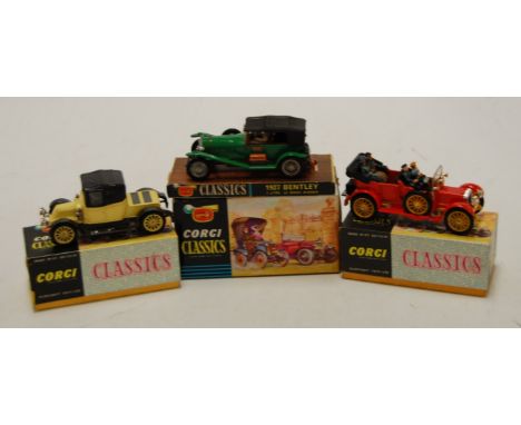 Three original boxed Corgi Classics to include 9032 1910 Renault, 9021 1910 Daimler, and 900 1927 Bentley