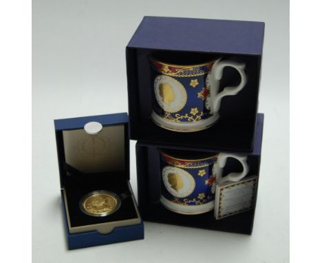 A pair of modern boxed Royal Worcester commemorative tankards; together with a modern silver gilt boxed 2012 commemorative co