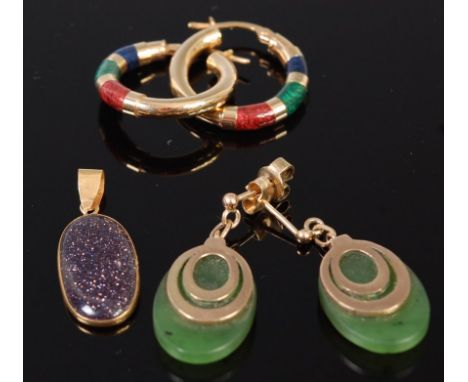 A pair of yellow metal and jade ear pendants, one other pair 9ct gold and multi hardstone set hoop earrings, and one other ha