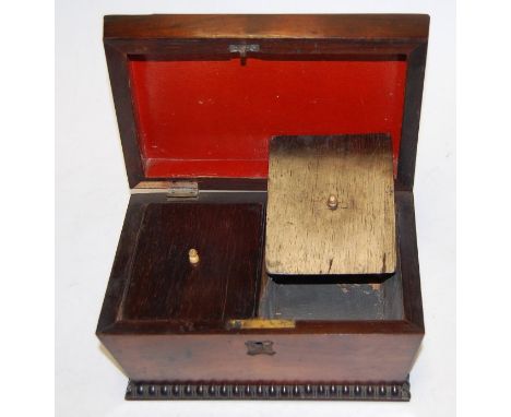 A late Regency rosewood tea caddy, of sarcophagus form, having two compartment interior (lacking bun feet), w.21.5cm 