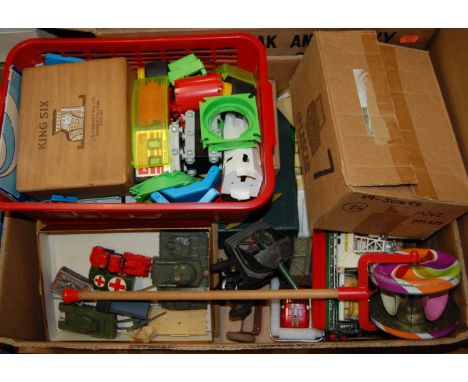 A quantity of mixed plastic tinplate and diecast vehicles to include Corgi Modern issue diecast, plastic German crash tender 
