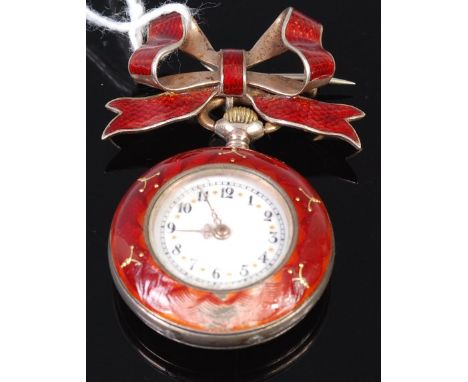 A Continental white metal and enamelled ladies fob watch on pendant ribbon, having keyless movement (some enamel losses), dia