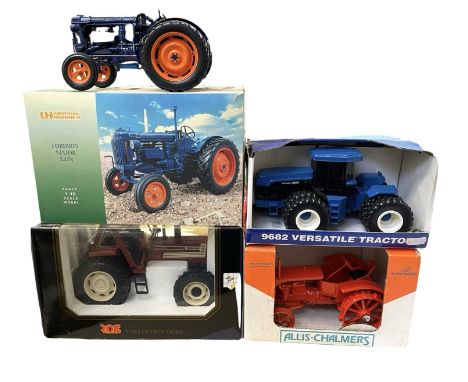 Four boxed die-cast tractor models, to include: - Universal Hobbies Fordson Major E27N - ERTL 9682 New Holland Versatile Trac