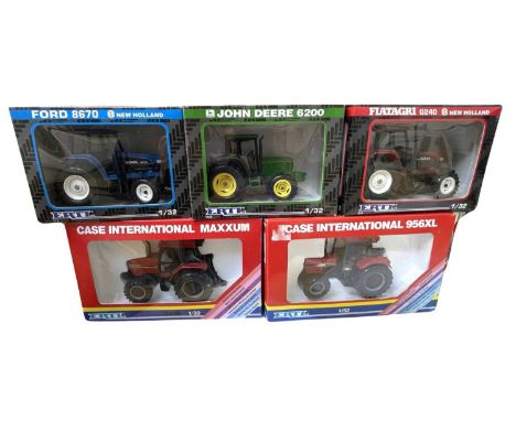 Five boxed ERTL 1:32 scale tractor models, to include: - Fiatagri G240 New Hollan - John Deere 6200 - Ford 8670 New Holland -