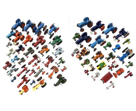 A large collection of various small scale die-cast tractor models