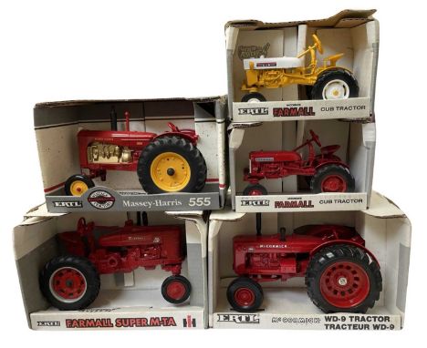 Five boxed ERTL die-cast tractor models, to include: - Cub - Farmall - McCormick WD-9 - Farmall Super M-TA - Massey Harris 55