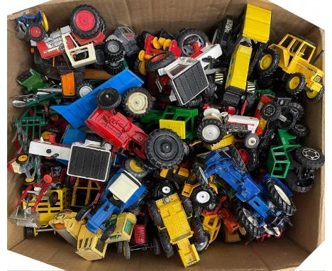 A large box of various die-cast tractor models of various makes