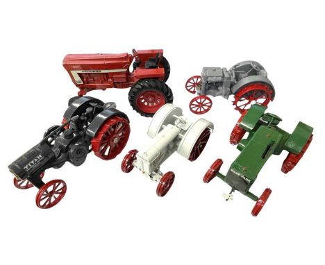 Five large-scale die-cast tractor models