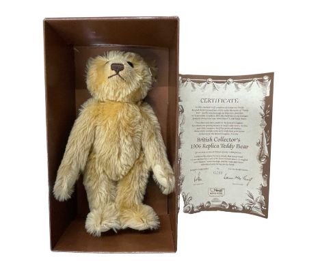 A boxed Steiff British Collector's 1906 Replica Teddy Bear, with certificate.Number 01333 / 3000Also in original shipping car