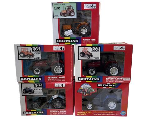 Five boxed Britains 1:32 scale tractor models, to include: - Valmet DRW - Renault 70-14 - Valmet 805 - Landini 10,000s - Ford