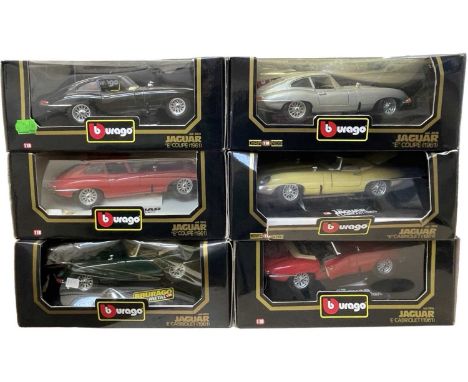 A group of six Bburago 1:18 scale model Jaguars in original boxes, to include: - Jaguar E Coupe (1961) in silver, black nand 
