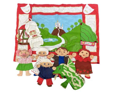 A collection of vintage children's cloth puppets, together with puppet show backdrop, ticket book etc