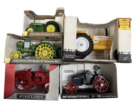 Five boxed die-cast model tractors, to include: - Scale Models - Minneapolis-Moline G940 - Scale Models - McCormick-Deering 2