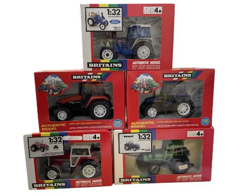 Five boxed Britains 1:32 scale tractor models, to include: - Massey Ferguson MF 3860 Double Rear Wheeled Tractor - Fendt 615 