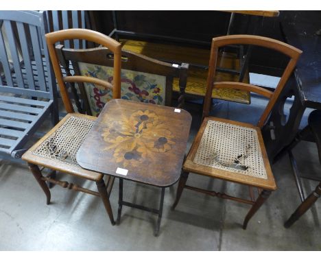 An oak barleytwist firescreen, inlaid mahogany folding occasional table and two Edward VII walnut chairs 