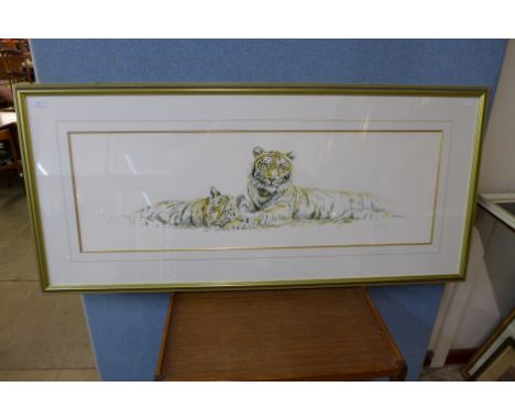 A signed Spencer Hodge limited edition print, tigers, 39 x 121cms, framed 