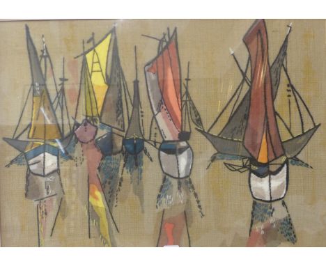 A 1970's tapestry of sailing boats, 59cms x 83cms, framed 