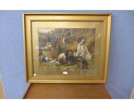A hunting dog scene with pheasant and rabbit, print, framed 