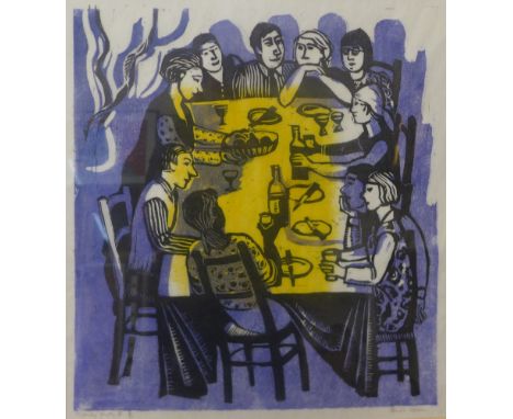 Elaine Mason, family party II, linocut and Gustave Baumann, Marigolds, signed limited edition print, framed 