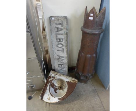 A Victorian salt glazed chimney pot, corner cast iron sink and an alloy Talbot Avenue street sign 