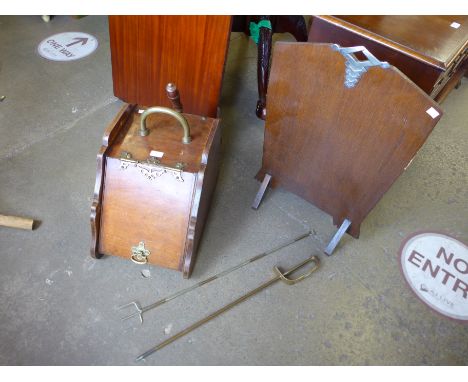 A Victorian mahogany coal scuttle, companion set and an Art Deco firescreen 