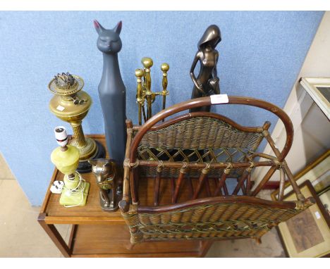 A brass companion set, onyx table lamp, three contemporary figures, bamboo magazine rack, etc. 