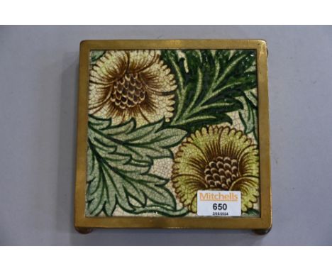 William de Morgan tile mounted in brass stand
