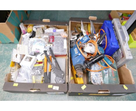 Two boxes of power tools, nails, screws etc 