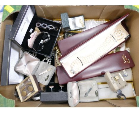 Box of costume jewellery, synthetic pearl necklace, tie clips, cufflinks etc