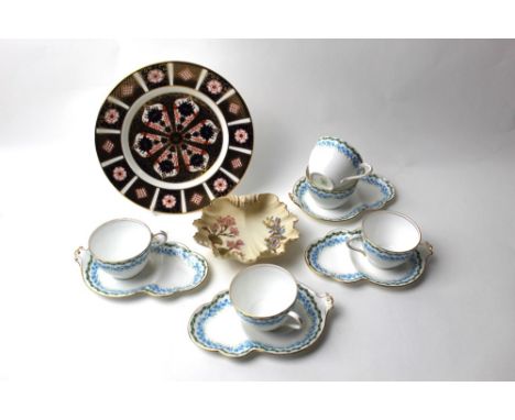 Four Aynsley teacups and saucers and an extra cup, Royal Worcester Blush shell dish and Royal Crown Derby Yorkshire Rose plat