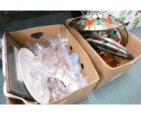 Two boxes of light shades, glassware, pictures etc 