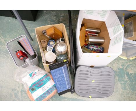 Firescreen, stainless steel kitchenware storage jars, 110 volt extension, paper cutter etc 
