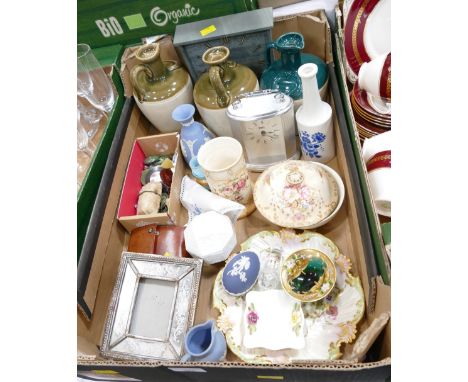 Box of vintage buttons, Wedgwood Jasperware vase, cabinet pieces, slate mantel clock etc